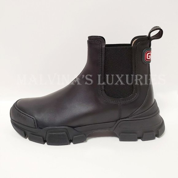 GUCCI MENS BOOTS LEON ANKLE CHELSEA LOGO BACK BLACK LEATHER sz 9G 9.5 US - Picture 4 of 14
